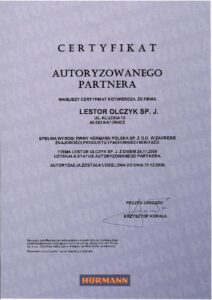 Certyfikat autoryzowanego partnera Hörmann dla LESTOR Olczyk sp.j.