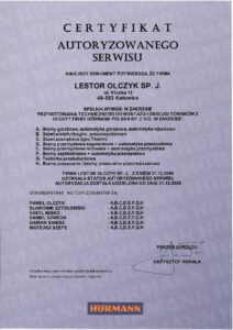 Certyfikat autoryzowanego serwisu Hörmann dla LESTOR Olczyk sp.j.