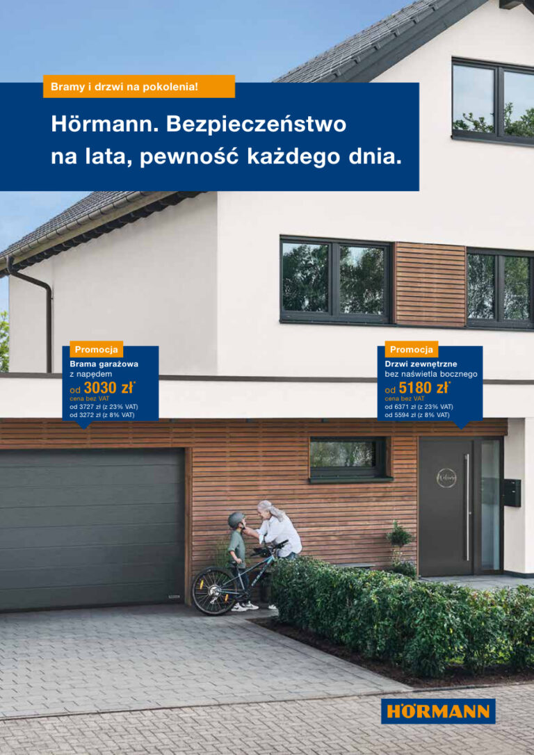 Okładka aktualnej gazetki promocyjnej Hörmann z ofertą na bramy garażowe i drzwi zewnętrzne