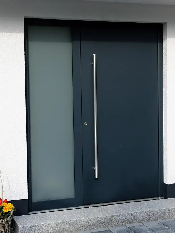 Aluminiowe drzwi wejściowe Hörmann w kolorze antracytowym z pochwytem ze stali nierdzewnej